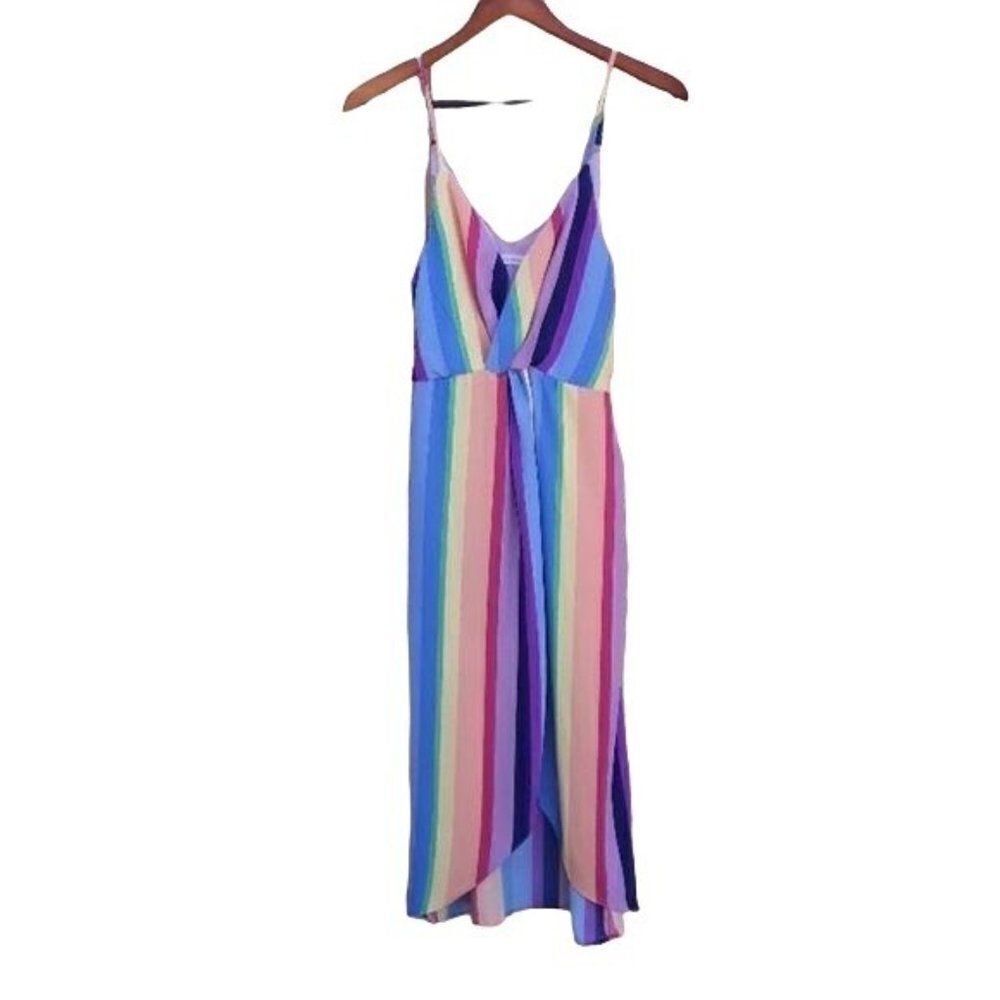 Blu Pepper Dress Pride Sheer Rainbow Striped Mock Wrap Spaghetti Mini Sz S‎